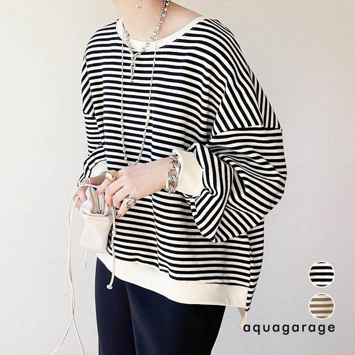 楽天市場 最大 Offクーポン配布中 ボーダートップス レディース 秋 冬 長袖 ボリューム袖 体型カバー 大きいサイズ ルームウェア Aquagarage アクアガレージ