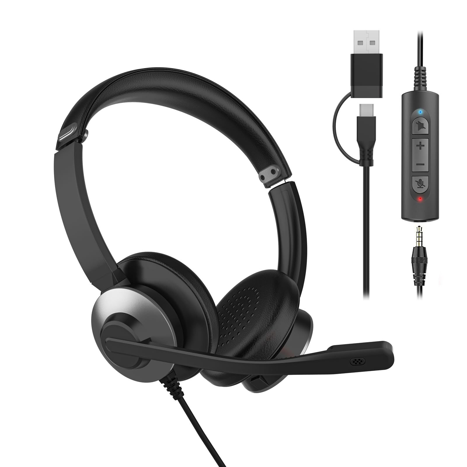 ヘッドセット 有線 マイク付きイヤホン 3.5mm/USB-A/USB-C対応 ノイズキャンセリング ステレオ 音量調節 ミュート機能 軽量快適 オンライン会議/テレワーク/仕事など対応