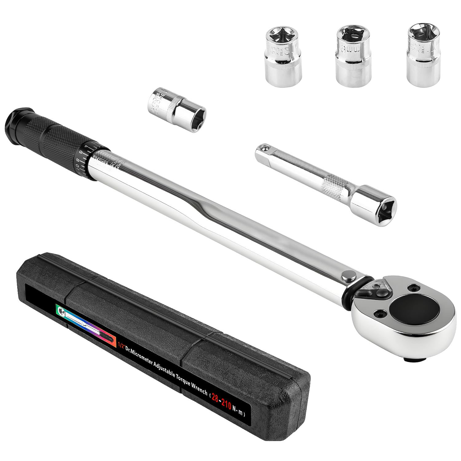 トルクレンチ プリセット型 車用 タイヤ交換 とるくレンチセット 14/17/19/21mm ソケット付き 差込角12.7mm(1/2インチ) 28-210N・m レンジ ラチェットとエクステンションバー付き