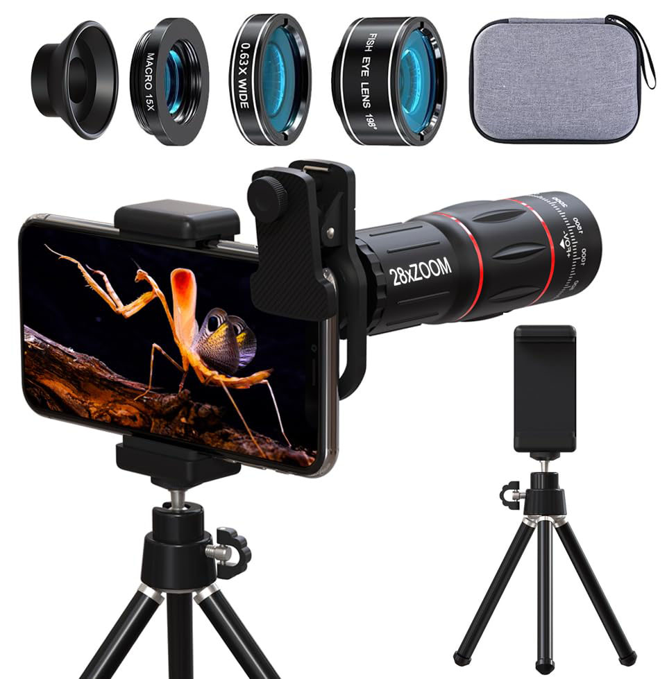 4in1スマホ 望遠レンズ セット HD28倍単眼鏡 小型 望遠鏡 携帯望遠レンズ【28x望遠鏡/広角レンズ/マクロレンズ/魚眼レンズ】 超軽量 スマホカメラレンズ【クリップ式交換レンズ+スマホホルダー+三脚付き】外付けレンズ スマートフォン用 ボウエンレンズ 多機種対応