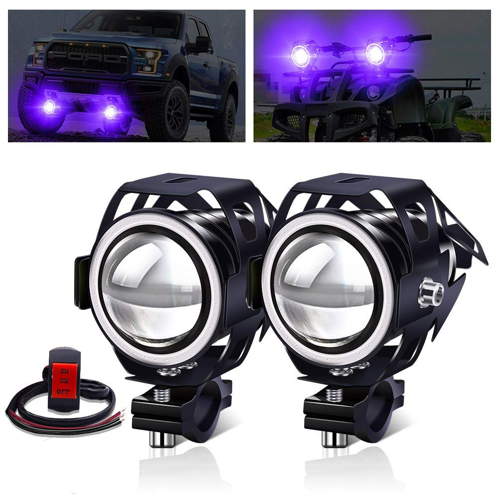 バイク フォグランプ led 2色 4モード切替 イカリング/Hi/Lo/ストロボ 白+青いイカリング IP67防水 12V 24V 汎用 スイッチ付き 2個セット