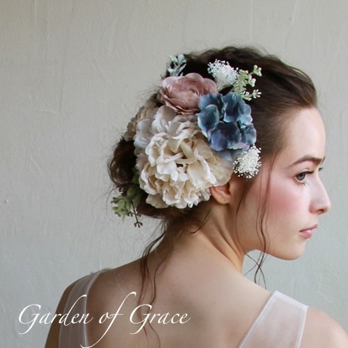 楽天市場 造花とプリザのヘッドピース ヘアコサージュ 演奏会 謝恩会 成人式 パーティー 髪飾りアンティークのヘッドピースブルー１０p フラワーヘッドドレス ピオニーブルー Garden Of Grace
