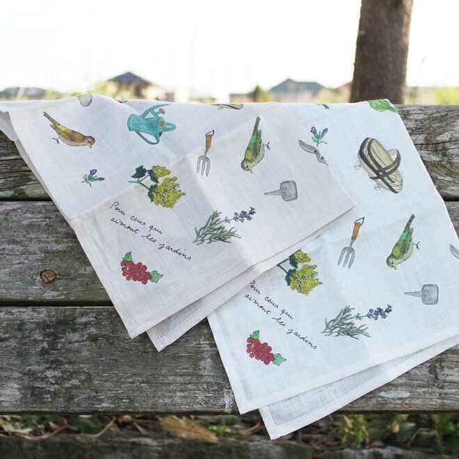 fog linen work ハンカチ 「ハンカチ鳥たち・犬たち・ ピンクのお花 ・ハーブ ・ブーケ・ 春のお花 ・季節のお花 ・ヤドリギ」 イザベル ボワノさん isabelle boinot リネン 麻 お弁当包み おすすめ ギフト 手拭き フォグリネンワーク