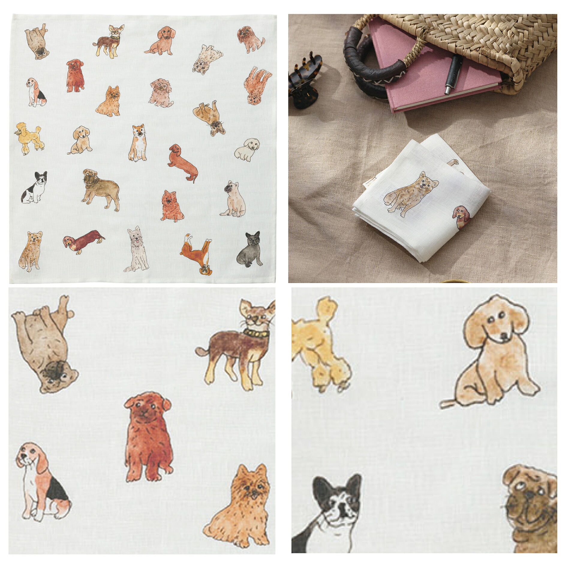 fog linen work ハンカチ 「ハンカチ鳥たち・犬たち・ ピンクのお花 ・ハーブ ・ブーケ・ 春のお花 ・季節のお花 ・ヤドリギ」 イザベル ボワノさん isabelle boinot リネン 麻 お弁当包み おすすめ ギフト 手拭き フォグリネンワーク