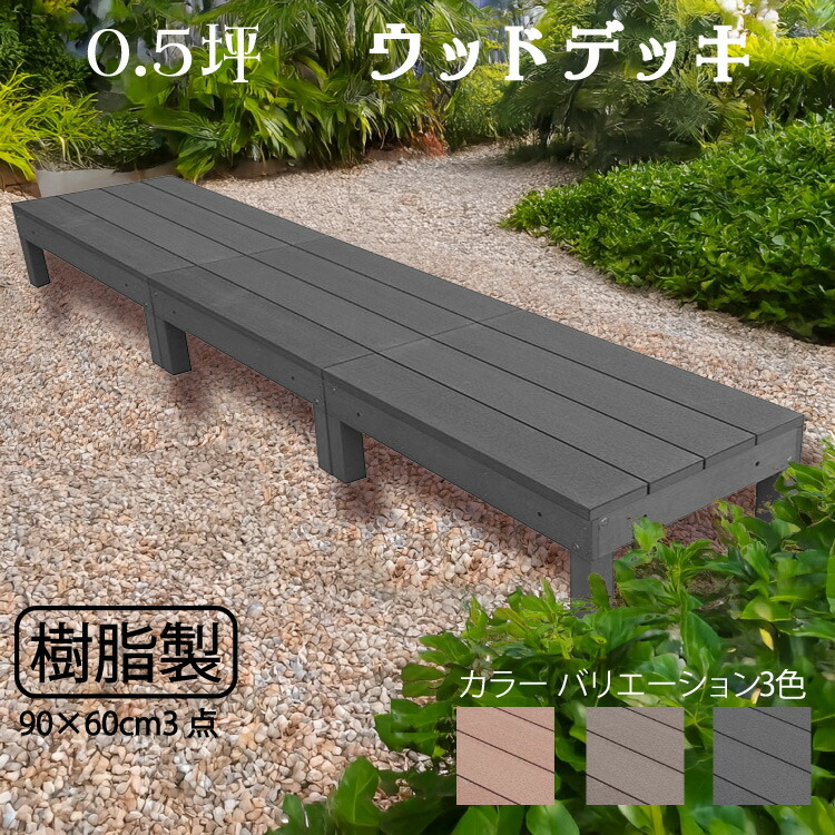スマートデッキ 樹脂製　0.5坪 [3点セット] チャコールグレー　置くだけデッキ 掃き出し窓 アウトドアリビング 高耐候性 ガーデンデッキ ウッドデッキ 頑丈