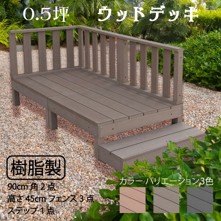 【マラソン中ポイント5倍】ウッドデッキ 樹脂製 0.5坪 [6点セット] チョコレートブラウン◯ 2d3f1sdb ローフェンス ステップ セット A90N|ガーデンファニチャー ウッドデッキ 人工木 置くだけデッキ 掃き出し窓｜ガーデン匠