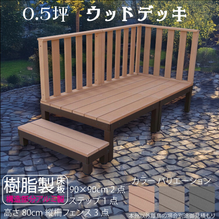 アルミフレーム＋樹脂床材 0.5坪 [6点セット] H80cmフェンス ステップセット ライトブラウン◯ P-2d3h1sPn P90N 3HN|ガーデンファニチャー ウッドデッキ
