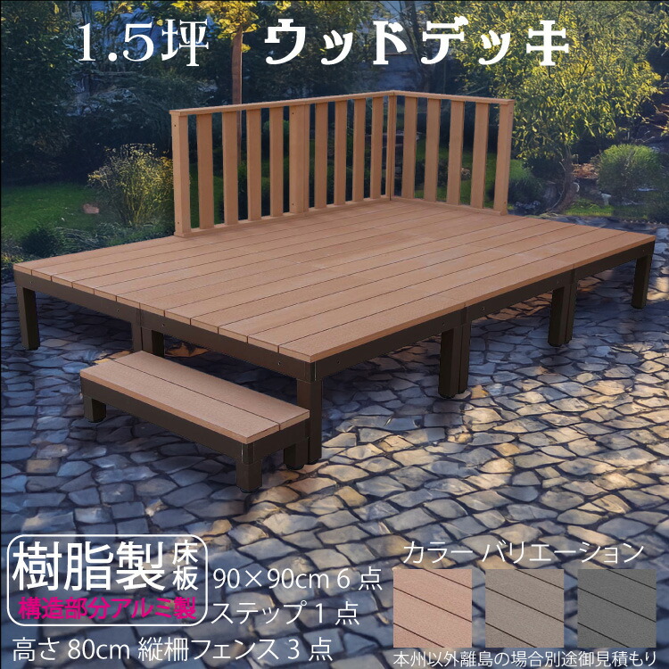 アルミフレーム＋樹脂床材 1.5坪 [10点セット] H80cmフェンス ステップセット ライトブラウン◯ P-6d3h1sPn イウッドデッキPLUS H80cmフェンスステップセット ステップPLUS P90N 3HN| ウッドデッキ 人工木 ガーデンファニチャー