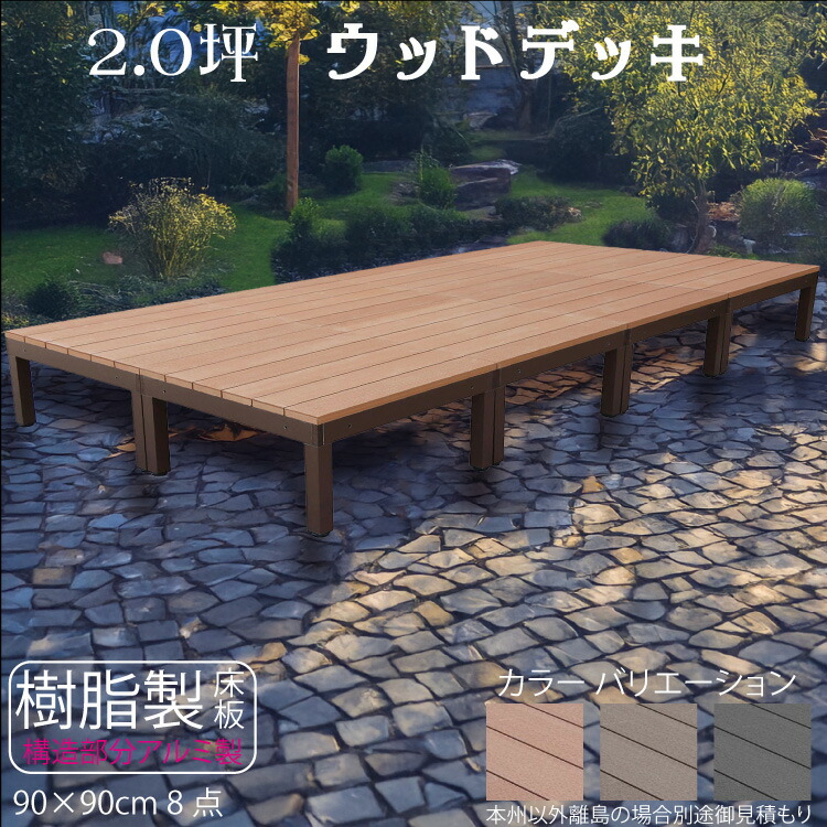 ウッドデッキ アルミフレーム＋樹脂床材 2.0坪 [8点セット] ライトブラウン◯ P-8dn P90N|ガーデンファニチャー ウッドデッキ 樹脂製　アルミ製 置くだけデッキ 掃き出し窓 アウトドアリビング 86,900円