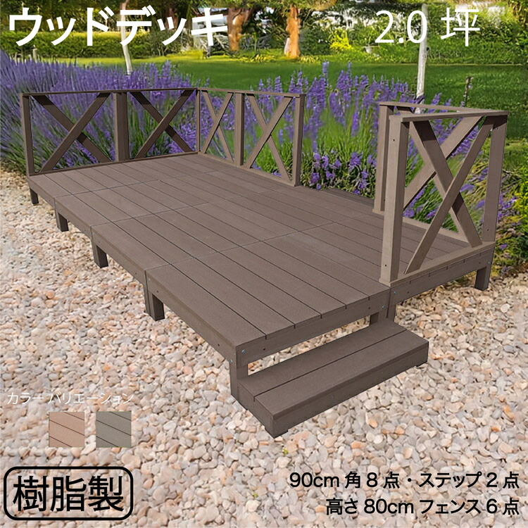 ウッドデッキ 樹脂製 2.0坪 [16点セット] チョコレートブラウン■ 8d6xh2sdb X型フェンス高さ80cm ステップ セット A90D XHD|ウッドデッキ 人工木 置くだけデッキ 掃き出し窓