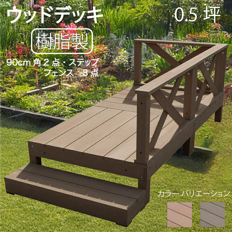【マラソン中ポイント5倍】ウッドデッキ 樹脂製 0.5坪 [6点セット] チョコレートブラウン■ 2d3x1sdb ガーデン匠デッキ ローXフェンス ステップ セット A90D XD|ウッドデッキ 人工木 置くだけデッキ 掃き出し窓 アウトドアリビング｜ガーデン匠