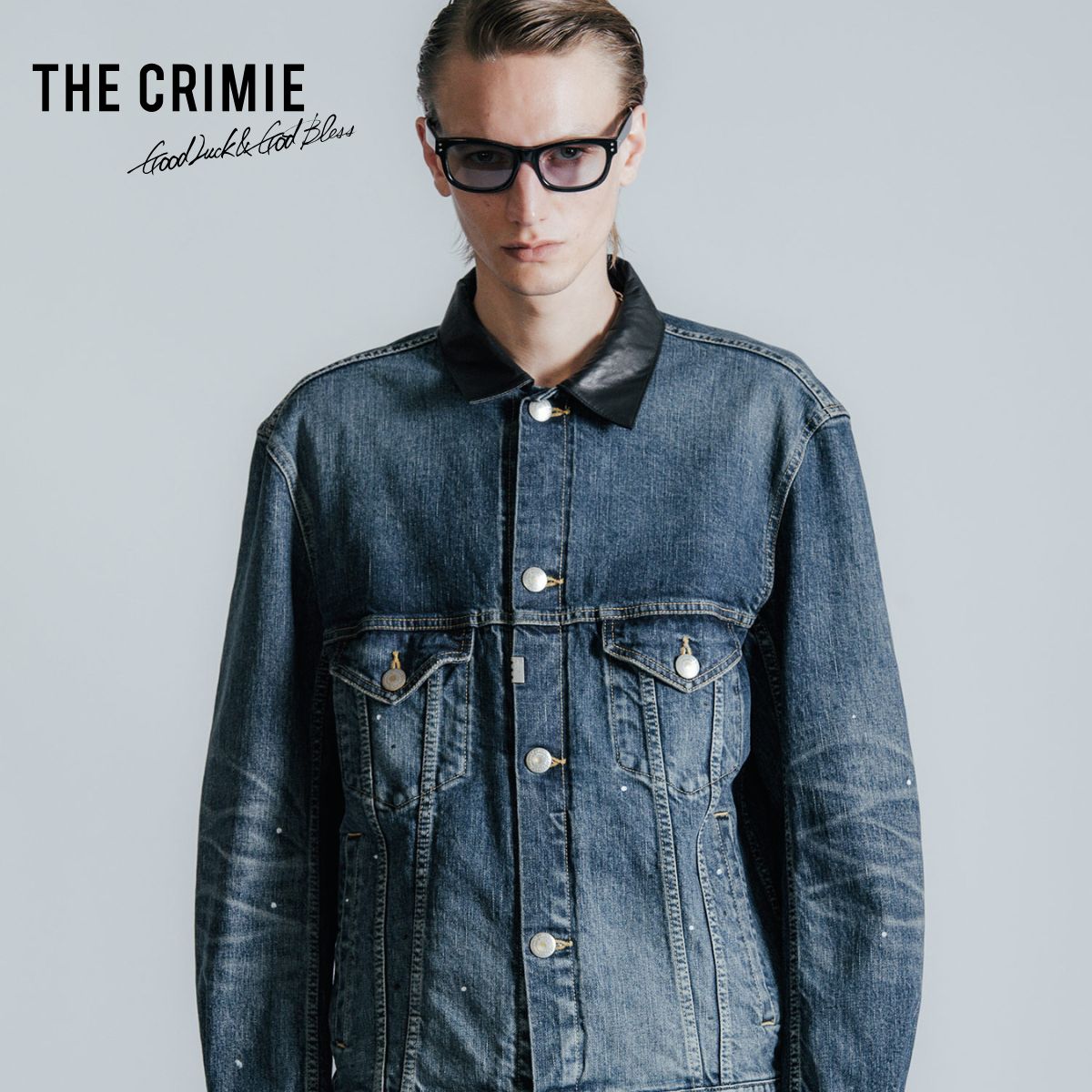 【堅苦しさ】 THE CRIMIE クライミー BORN FREE GARAGE USED SELVEDGE STRETCH DENIM JACKET BORN FREE なめし革襟 セルビッチ 伸ばすこと ジーンズ ガレージユーズドジャケット