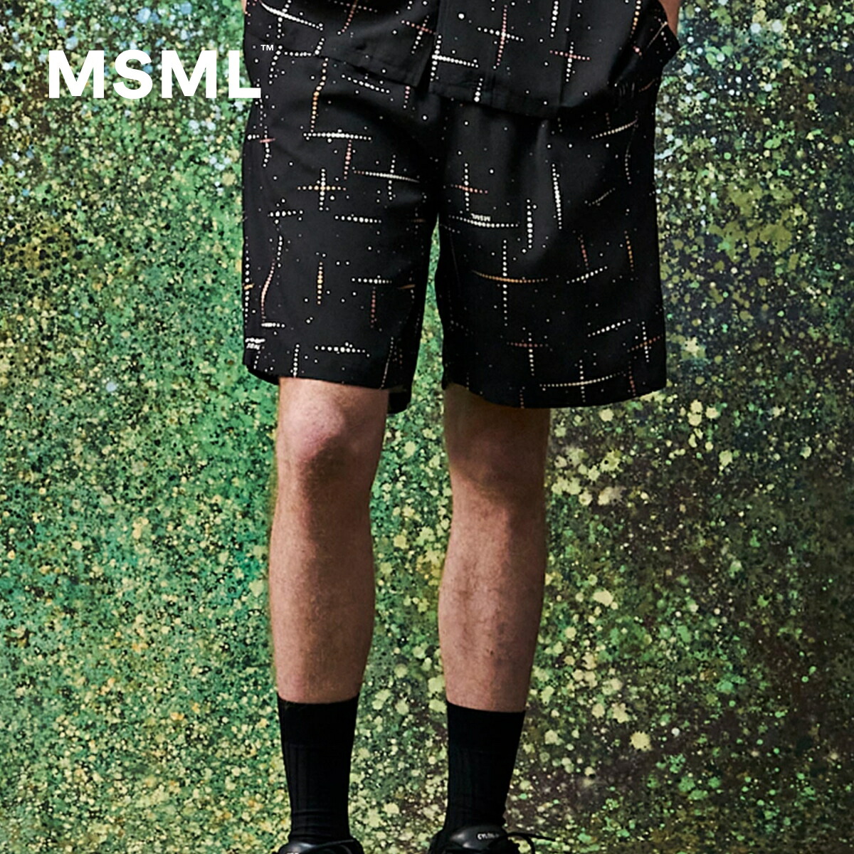 【堅苦しさ】MSML エムエスエムエル KASURI CROSS PRINTED RAYON SHORTS カスレ 差し交わす 刷り上げる 人絹 さる股引き