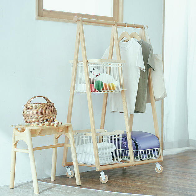 Liv CARRY BASKET HANGER-R ハンガーラック ワゴン付き キャスター付き 持ち運びワゴン 木製 おしゃれ オープンラック 洋服収納 省スペース ナチュラルテイスト 【送料無料】｜Nester（ネスター）