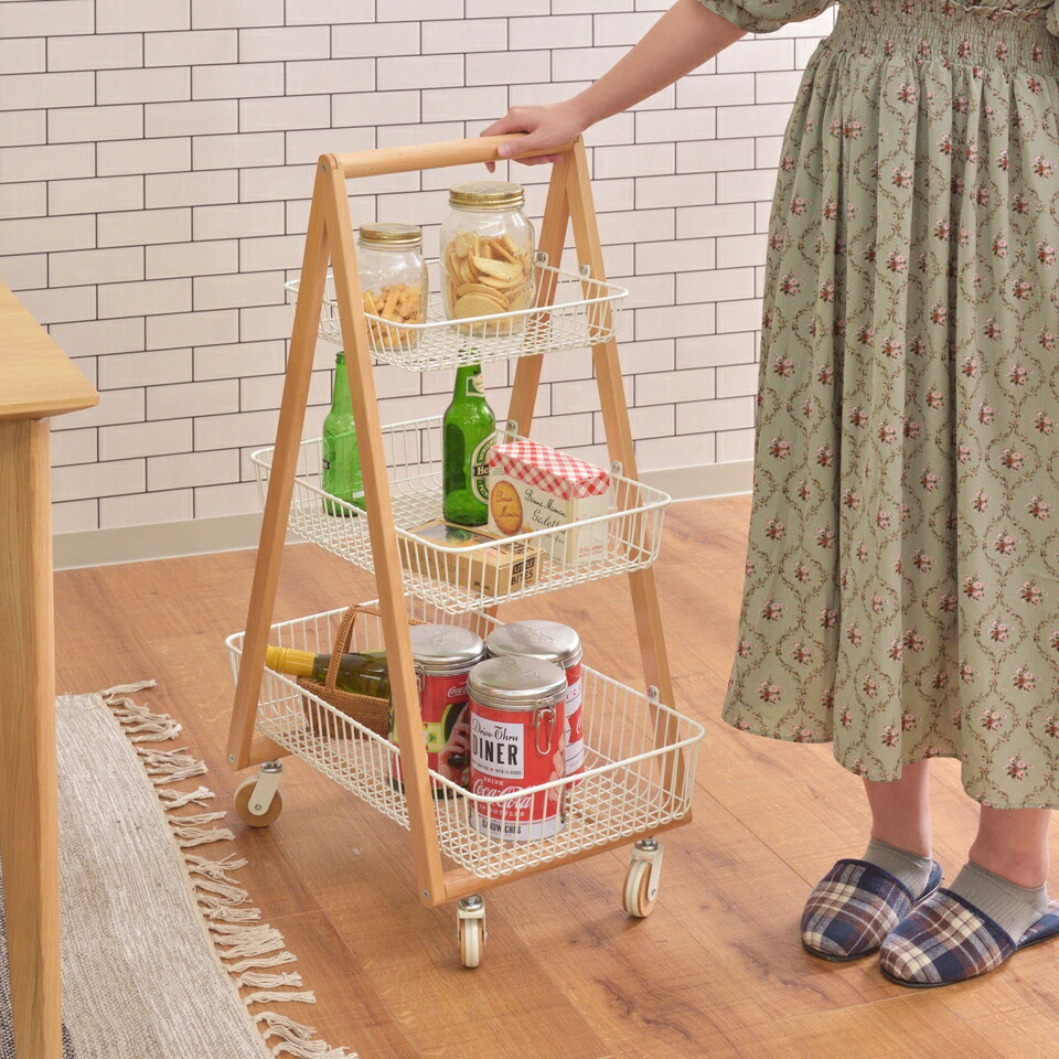 バスケットワゴン バスケットワゴン ワゴン バスケット キッチンワゴン ガーデンプランター フェイクグリーン 植物 観葉植物 天然木 木製 スチール 北欧 ナチュラル シンプル キャスター テーブルサイド ラック 棚｜GARNIER（ガルニエ）