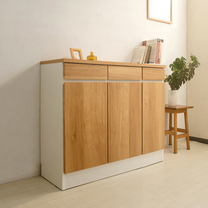 薄型 キャビネット幅90cm リビングボード ナチュラル 薄型 キッチン 日本製 完成品 木目 ダイニング家具 リビングダイニング お洒落 リビングボード 多用途 リビングキャビネット テレビボード 収納 引出し付き｜GARNIER（ガルニエ） 31,199円