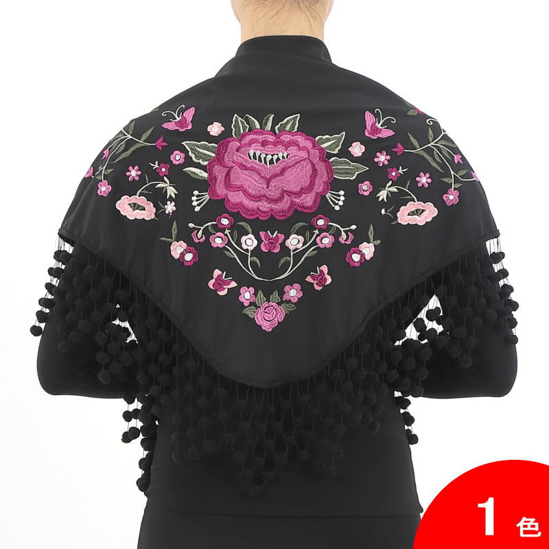 マドローニョのついた刺繍のショール Jardin(ハルディン) 黒×中央の花:赤紫系 [フラメンコ用][スペイン直輸入]