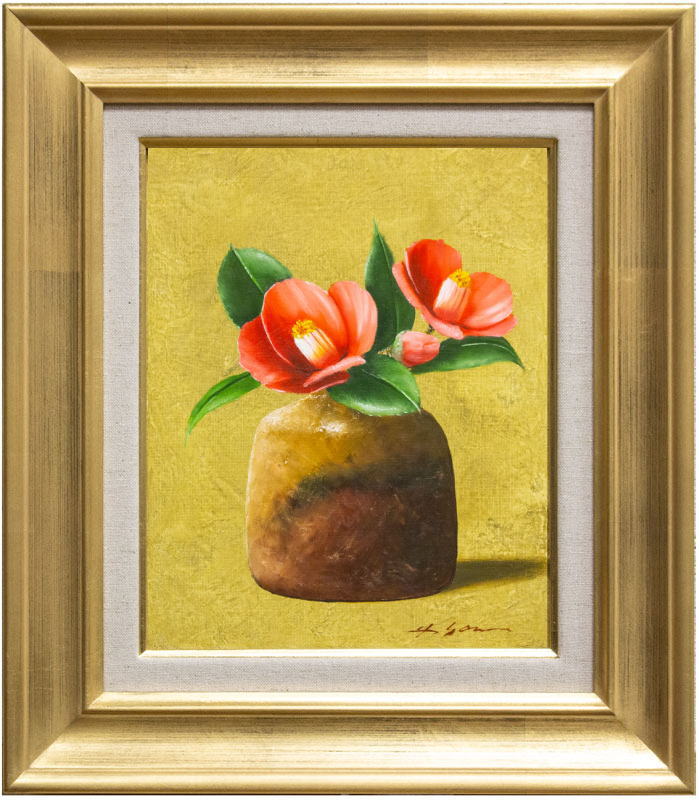 森久　油彩画 備前焼と椿　アンティーク　絵画　花 森久 油彩画 備前焼と椿 アンティーク 絵画 花 森久 油彩画