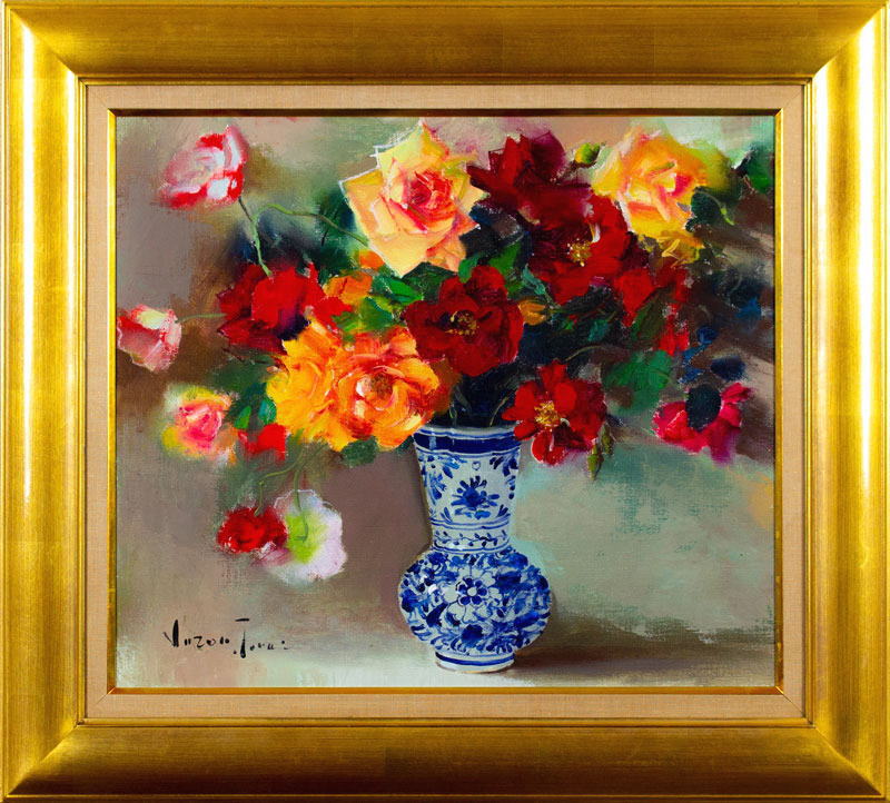 寺井重三「 薔薇とデルフトの壺 」 油絵 油彩画 F10 ( 10号 )