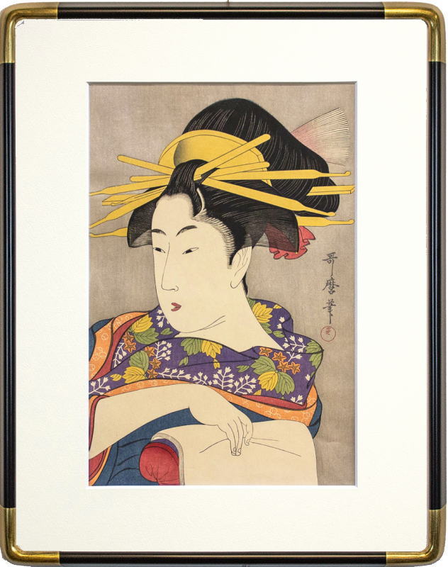 喜多川歌麿 「 紙を手に持つ遊女 」 京都版画院 品川版 大判 復刻木版画 浮世絵 額縁入り