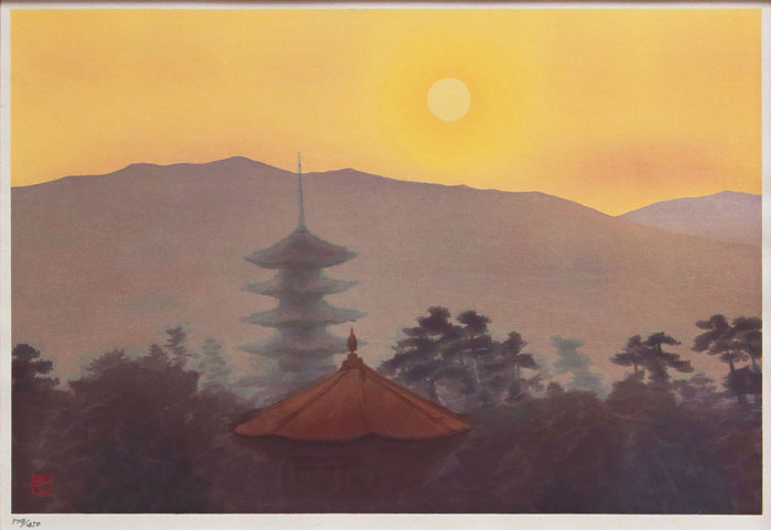 東山魁夷『朝の塔』オリジナル木版画【生前作】【中古】