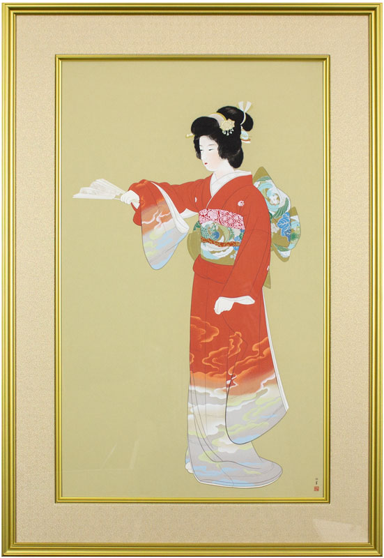 美品 掛け軸 上村松園作「深き秋」美人画 工芸印刷 紅葉 秋掛け 美品 掛け軸 上村松園作「深き秋」美人画 工芸印刷 紅葉 秋掛け