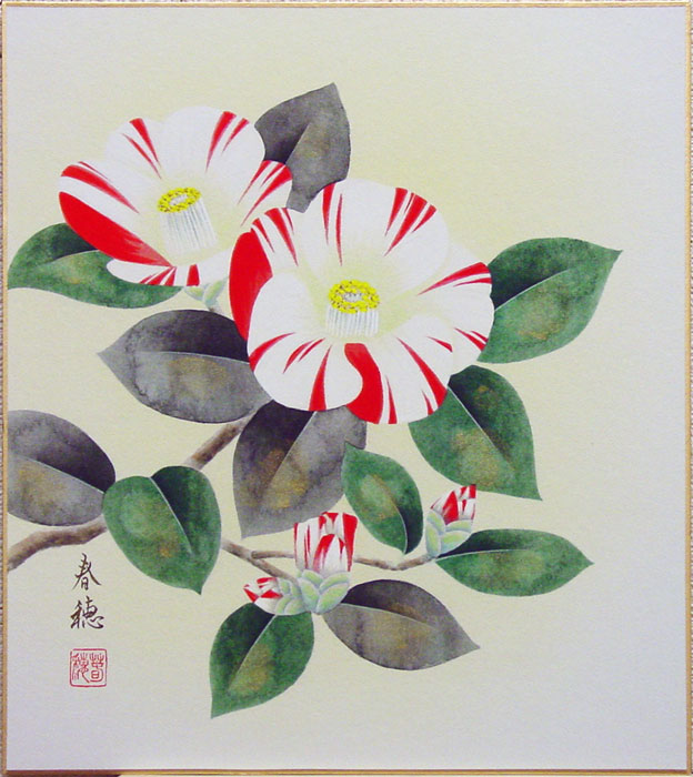 楽天市場】太田龍一「 椿 」 日本画 色紙絵 ( 高級額縁入り