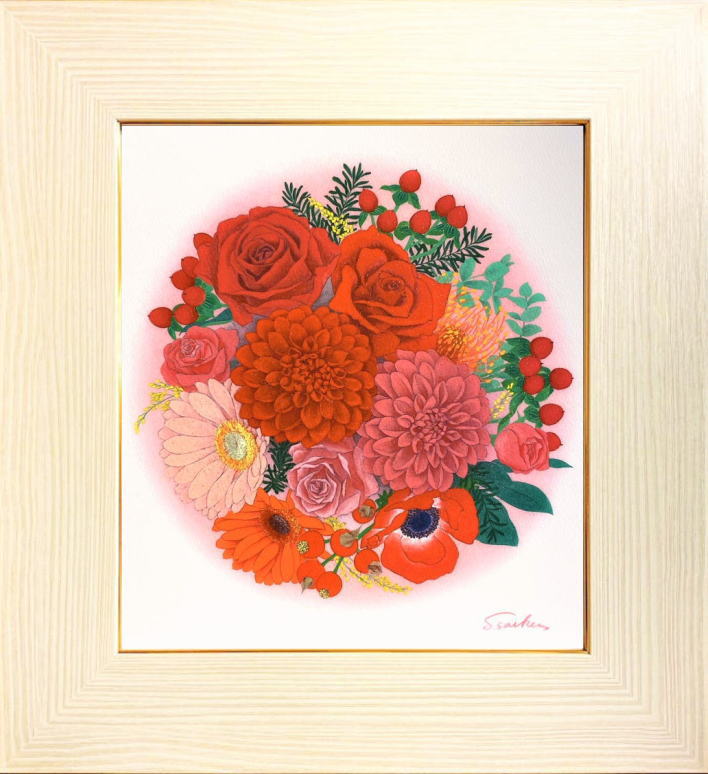 日本画手がき肉筆画. 渓水先生作品赤い花  56センチ×46戦地外す 下川立夏「 朱映富嶽 」 日本画 6号 ( F6 ) 絵画 肉筆 手描き