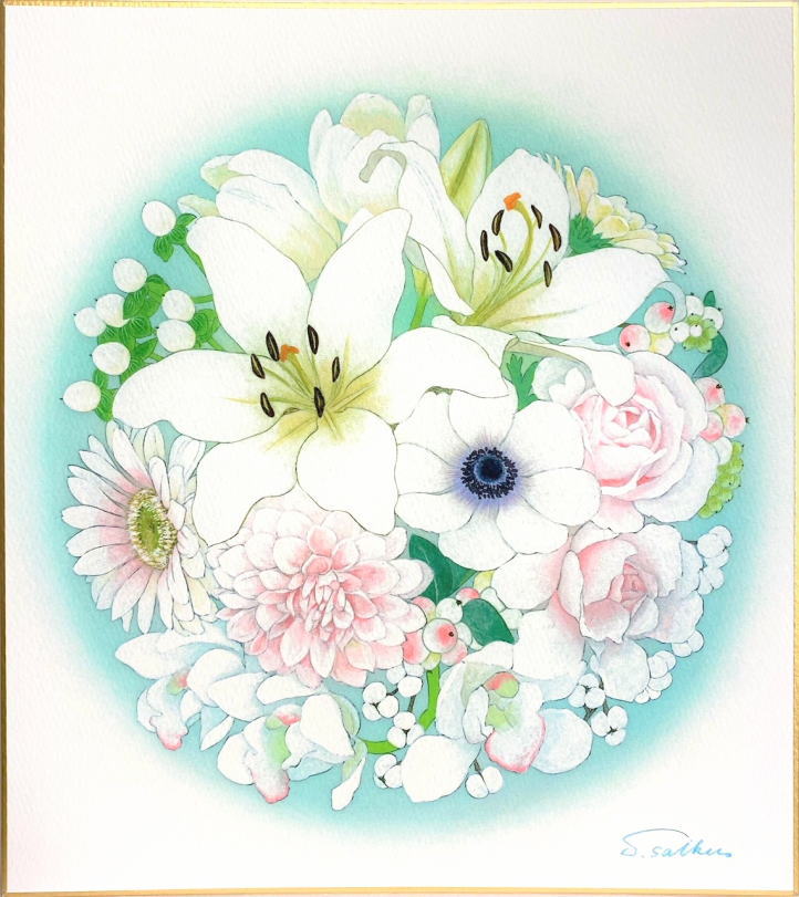 日本画(13)　白い花 日本画(13) 白い花