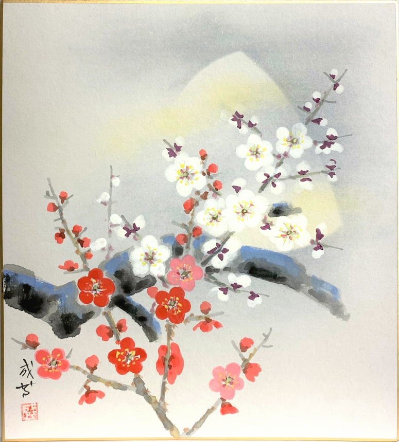 佐藤浩二画伯　日本画　薔薇 佐藤浩二 「 梅に鶯 」 色紙絵 絵画 日本画 冬の色紙 お正月