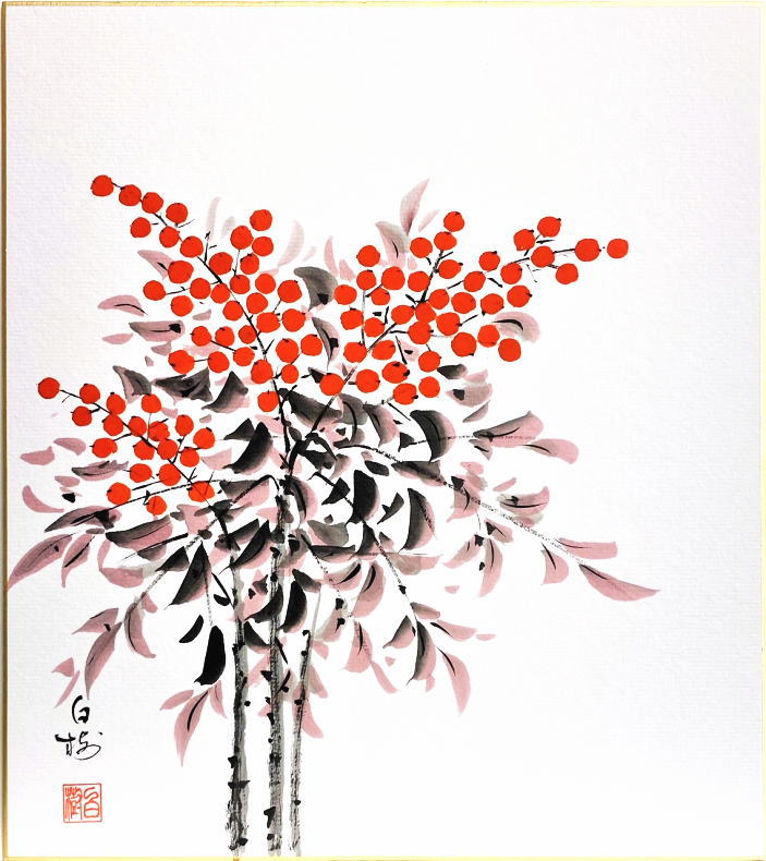 楽天市場】手描き 油絵 額入り油彩画 南天 花瓶 SMサイズ 縦 赤 冬