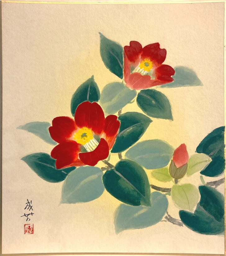日本画　椿　太政官　額縁入り　静物画　約100㎝×約80.5㎝ 日本画 椿 太政官 額縁入り 静物画 約100㎝×約80.5㎝