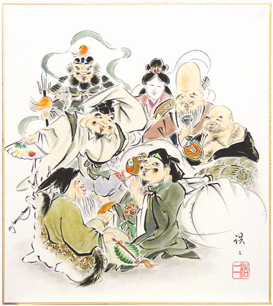 【真作】七福神　宝船　手描き　原画　色紙　掛け軸 高級色紙「七福神宝船」吉行（色紙絵）送料無料 商品詳細 掛け軸