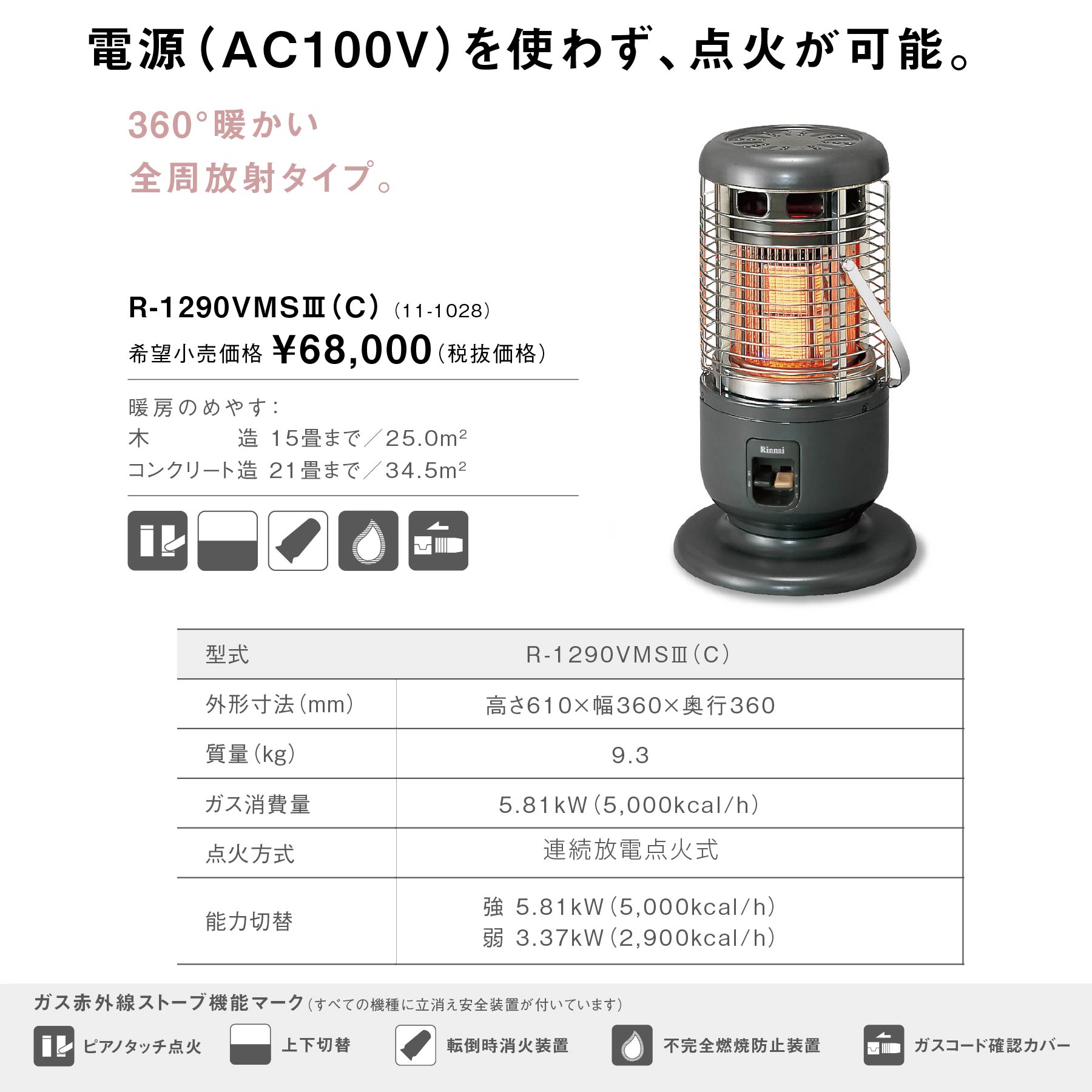 リンナイ ガス赤外線ストーブ R-1290VMSIII(C) 木造15畳/コンクリート 