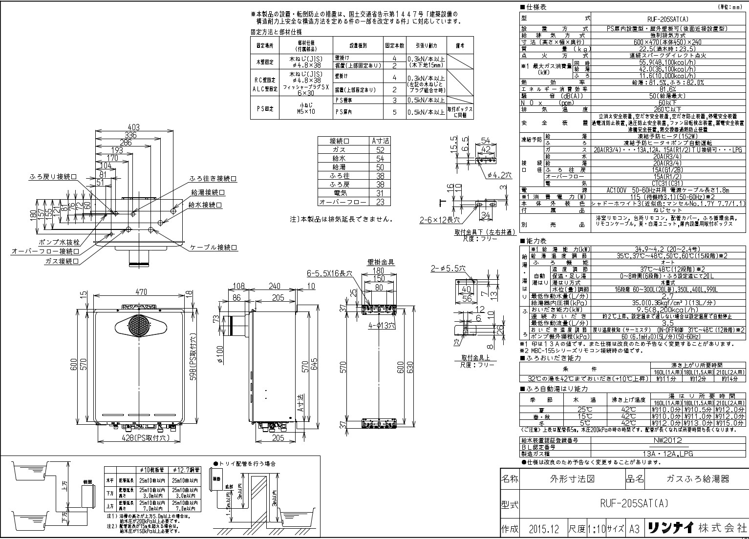 リンナイ PS扉内設置型 PS前排気型 都市ガス 20号 PS扉内設置 T排気