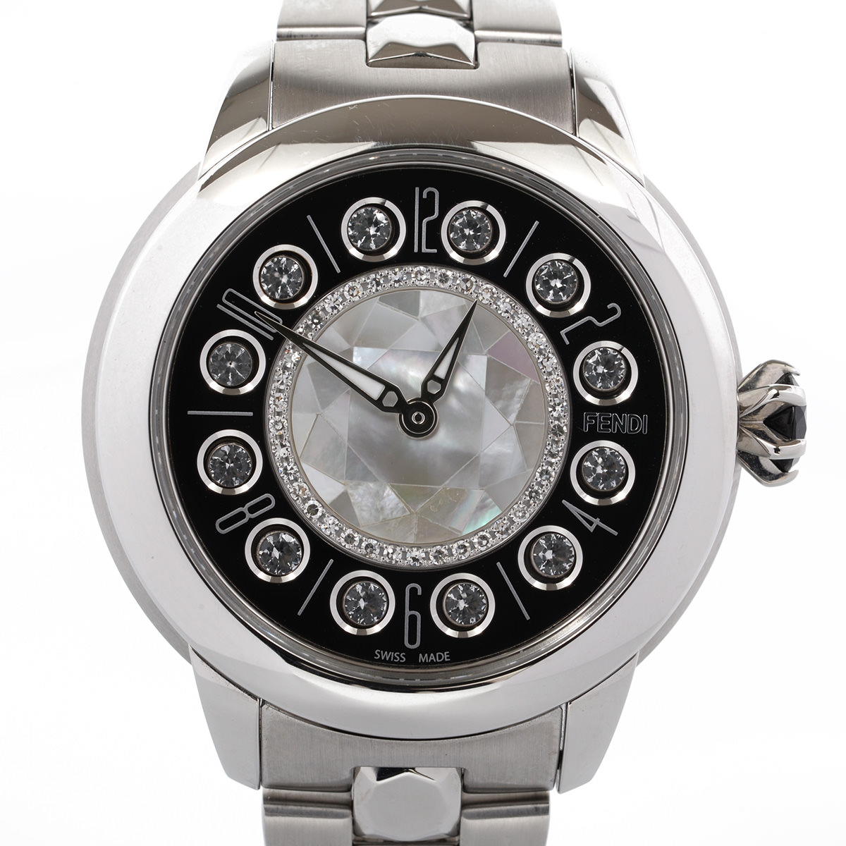 【FENDI】　フェンディ 12100S　アイシャイン　クォーツ　ジェムストーン入り シェル文字盤 【中古】｜ジーバンク