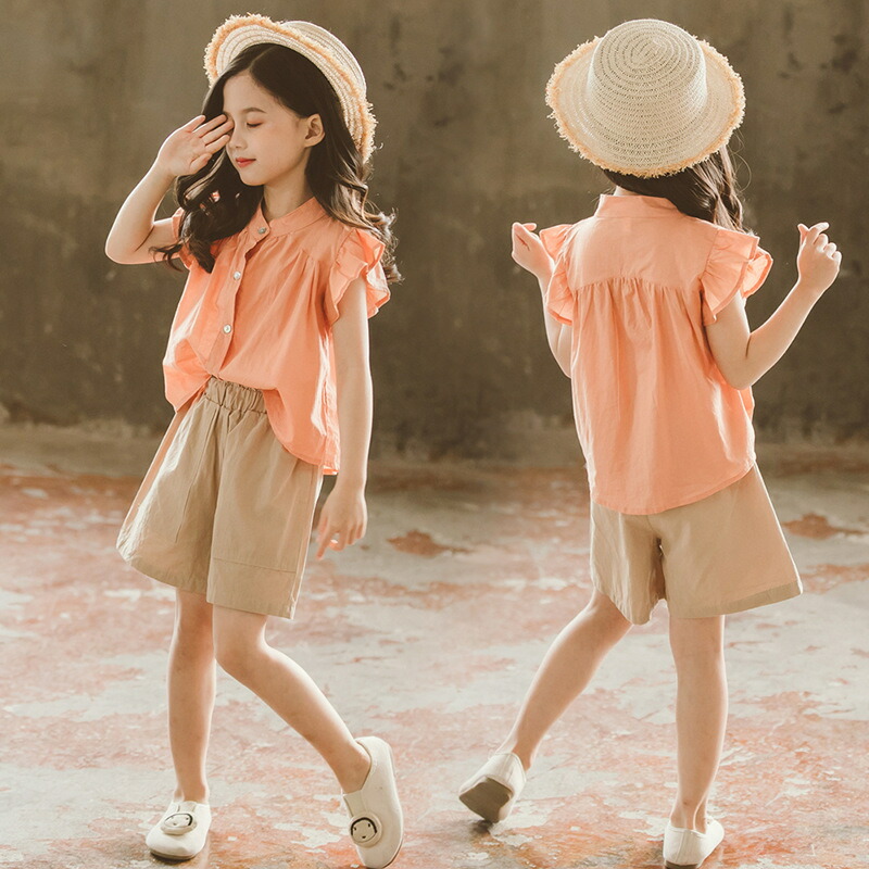 韓国子供服女の子夏セットアップシャツ+半ズボンカジュアルナチュラルパンツノースリーブ薄手五分丈パンツセットアップゆったりリゾートキッズこども可愛いきれいめ//卒園式/入学式/パーティ110120130140150160cm2色