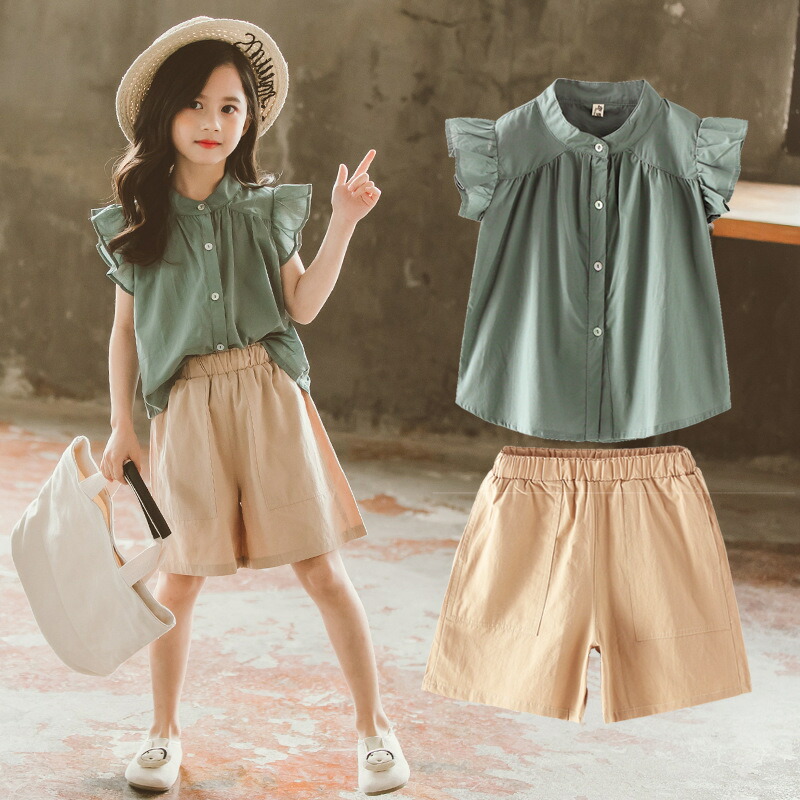 韓国子供服女の子夏セットアップシャツ+半ズボンカジュアルナチュラルパンツノースリーブ薄手五分丈パンツセットアップゆったりリゾートキッズこども可愛いきれいめ//卒園式/入学式/パーティ110120130140150160cm2色