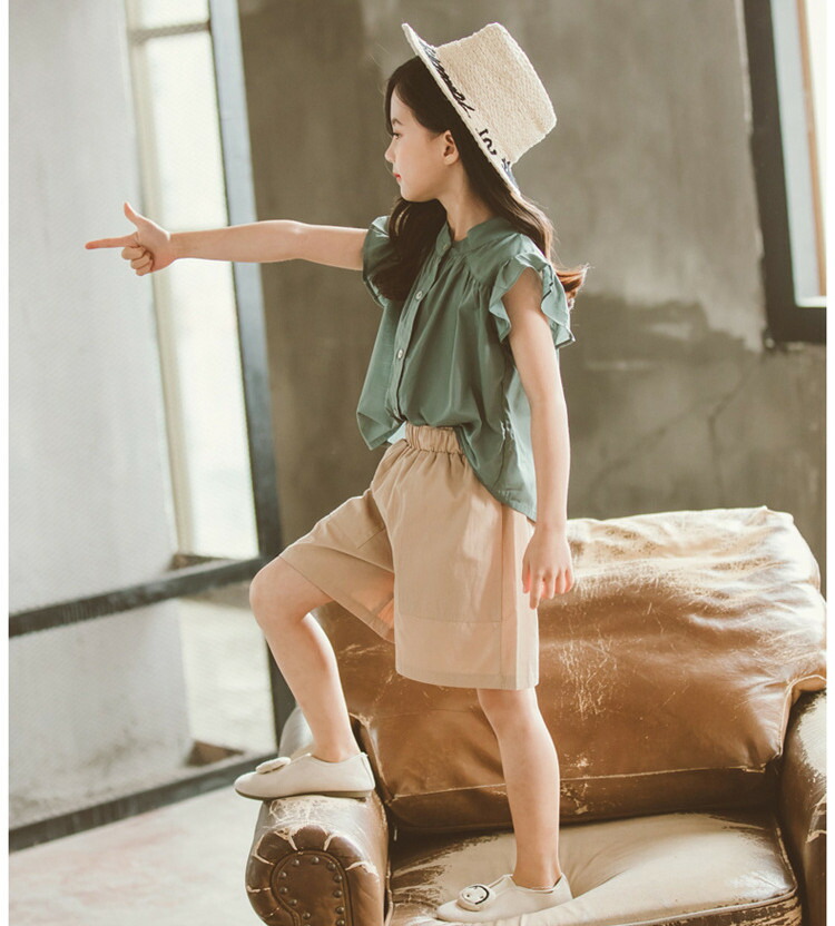 韓国子供服女の子夏セットアップシャツ+半ズボンカジュアルナチュラルパンツノースリーブ薄手五分丈パンツセットアップゆったりリゾートキッズこども可愛いきれいめ//卒園式/入学式/パーティ110120130140150160cm2色