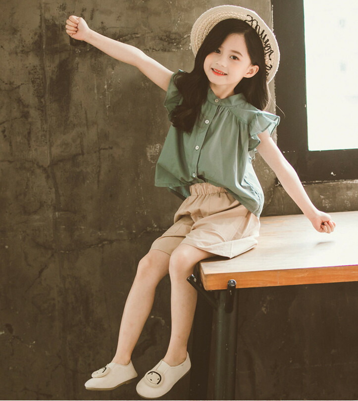 韓国子供服女の子夏セットアップシャツ+半ズボンカジュアルナチュラルパンツノースリーブ薄手五分丈パンツセットアップゆったりリゾートキッズこども可愛いきれいめ//卒園式/入学式/パーティ110120130140150160cm2色