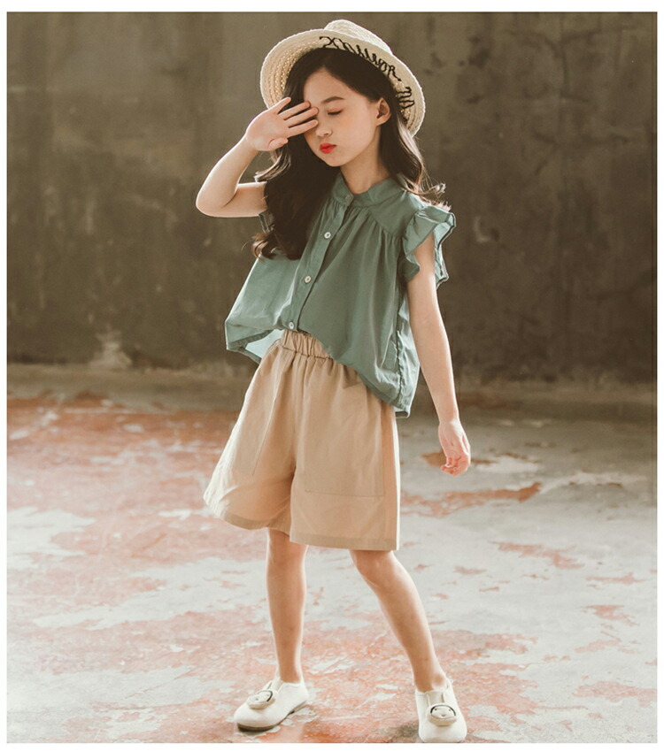 韓国子供服女の子夏セットアップシャツ+半ズボンカジュアルナチュラルパンツノースリーブ薄手五分丈パンツセットアップゆったりリゾートキッズこども可愛いきれいめ//卒園式/入学式/パーティ110120130140150160cm2色