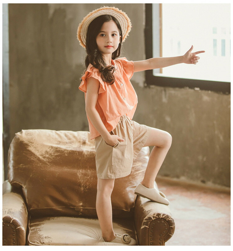 韓国子供服女の子夏セットアップシャツ+半ズボンカジュアルナチュラルパンツノースリーブ薄手五分丈パンツセットアップゆったりリゾートキッズこども可愛いきれいめ//卒園式/入学式/パーティ110120130140150160cm2色