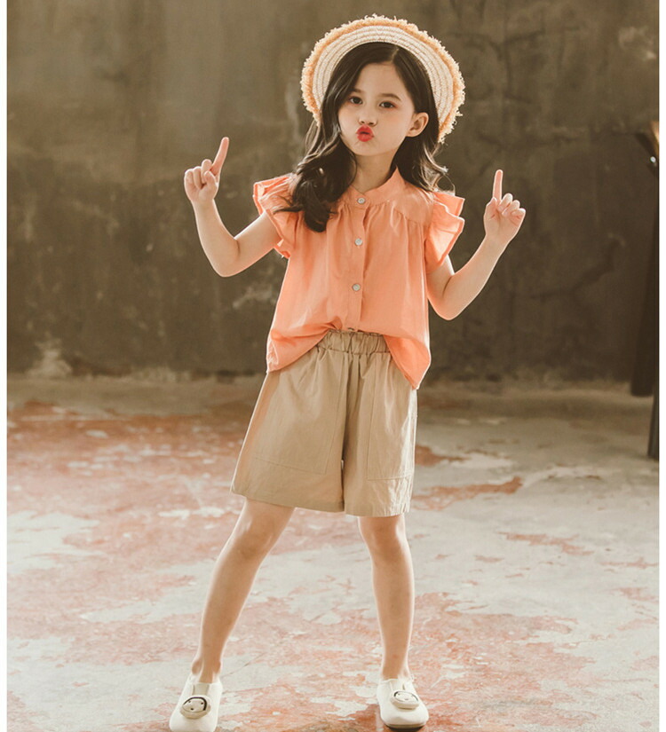 韓国子供服女の子夏セットアップシャツ+半ズボンカジュアルナチュラルパンツノースリーブ薄手五分丈パンツセットアップゆったりリゾートキッズこども可愛いきれいめ//卒園式/入学式/パーティ110120130140150160cm2色