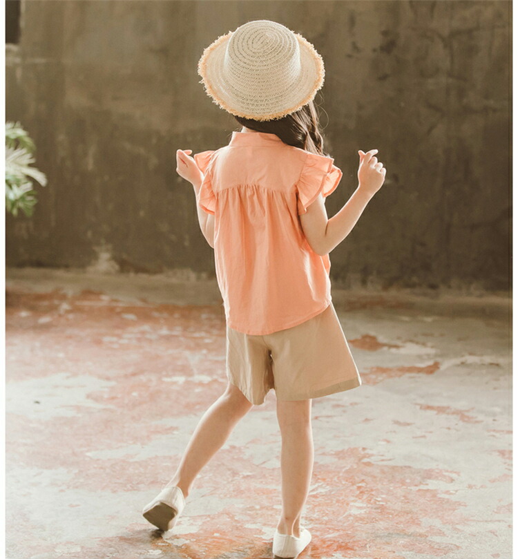 韓国子供服女の子夏セットアップシャツ+半ズボンカジュアルナチュラルパンツノースリーブ薄手五分丈パンツセットアップゆったりリゾートキッズこども可愛いきれいめ//卒園式/入学式/パーティ110120130140150160cm2色