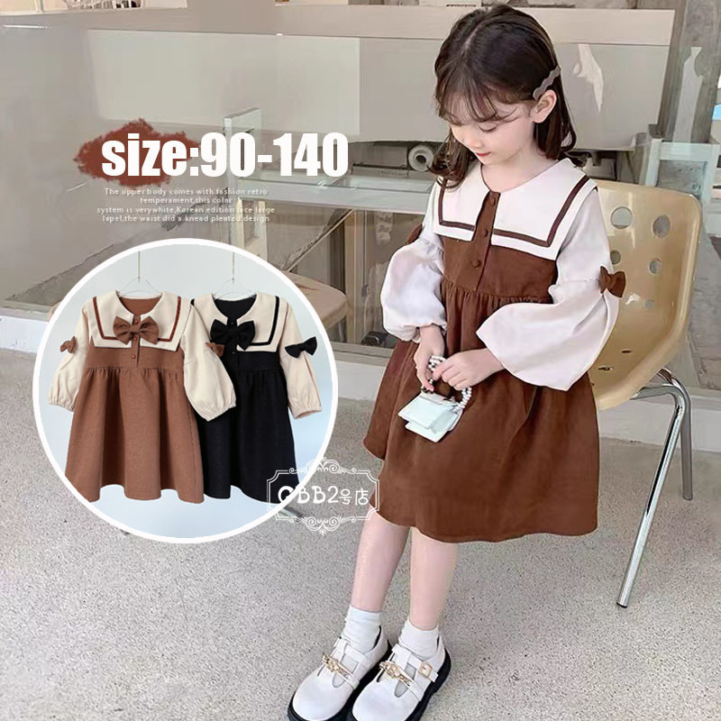 韓国子供服 ワンピース 春秋 長袖 女の子 子供ドレス ベビー服 ロング丈 切り替え リボン付き リゾート おしゃれ 子ども服 カジュアル 可愛い ジュニア服 結婚式 通学 卒園式 入学式 パーティ ブラック コーヒー 90 100 110 1 130 140cm 通販 激安