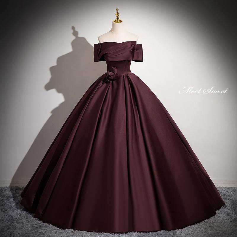 カラードレス プリンセスライン ブラウン オフショルダー サテン ロングドレス ウェディングドレス 結婚式 二次会 花嫁 前撮り 発表会 演奏会 ステージ衣装