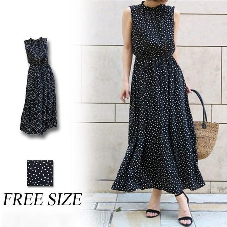 夏衣裳 レディース ロング衣裳 長袖 シフォン衣裳 点点柄衣裳 着痩せノースリーブ衣裳 精神状態 心地よい 刷り上げる 格好のいい