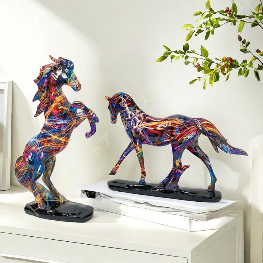 馬 置き物 樹脂工芸品 デスク装飾 コーヒーショップ 寝室 事務室 可愛い雑貨 馬 ホース ファンシーカラー 動物 オシャレな置き物 グラフィティ おきもの