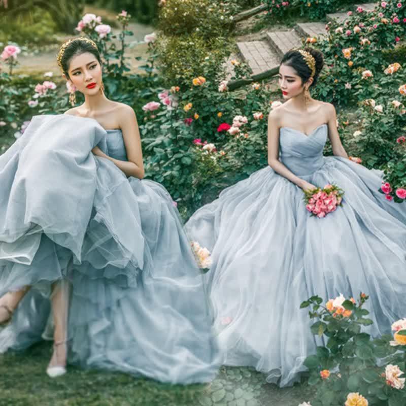 カラードレス ロング プリンセス グレー パーティードレス 花嫁 ウエディングドレス 結婚式 演奏会 ステージ衣装 安い シンプル 旅行 撮影 ブライズメイド｜GBB店