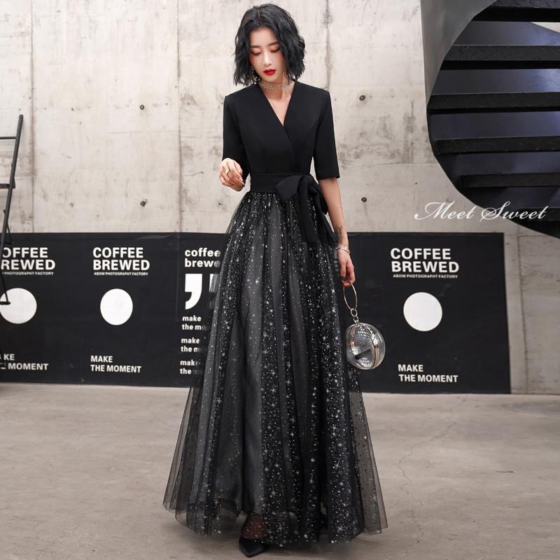 カラードレス ファスナー ブラック Vネック パーティードレス フォーマル ロングドレス 結婚式 二次会 披露宴 発表会 演奏会 ウェディングドレス Aラインドレス｜GBB店